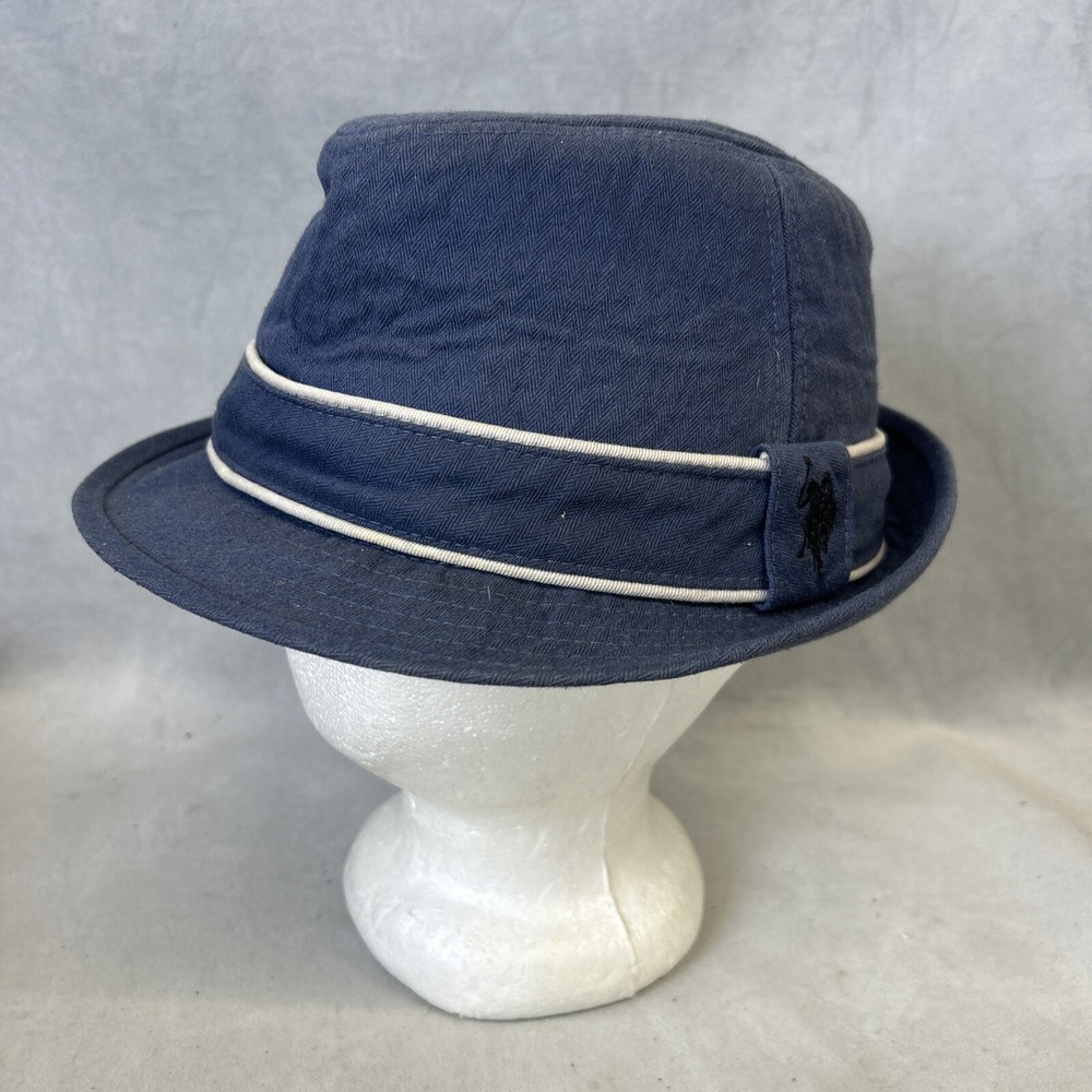 U.S. Polo Assn Fedora Hat Mens Size S/M Blue Cream Horse Logo 100% Cotton Unisex